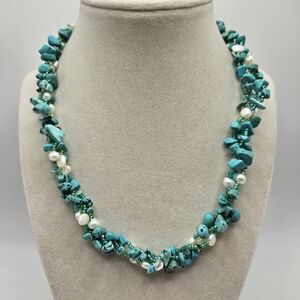VINTAGE Turquoise and Pearl Braided Three Strand Necklace